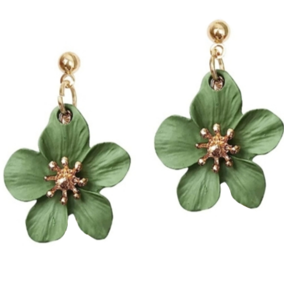 Light Green Matte Flower Blossoms Post Earrings 3D Hibiscus Flowers Dangle New